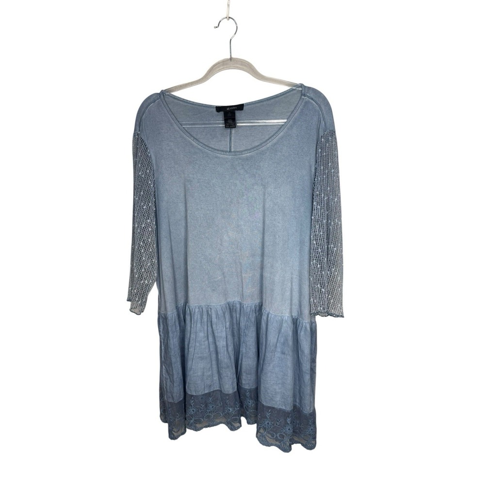 Ali Miles Tunic Top Size 1X Blue 3/4 Sleeve Soft Knit Lagenlook Boho Beachy